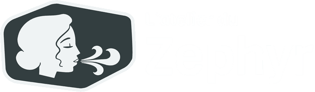 Logo représentant une femme qui souffle du vent. Le titre du site "L'atelier du Zephyr" se trouve sur la droite.